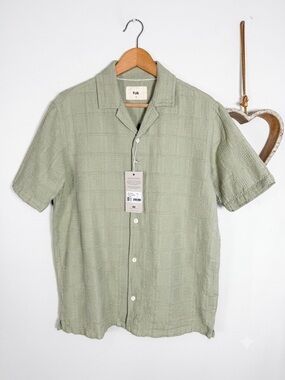 Folk Clothing Men's Dax Wax Short Sleeve Shirt Sage Green Waffle Texture Sz Smal